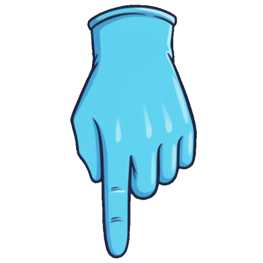 A large blue hand pointing down